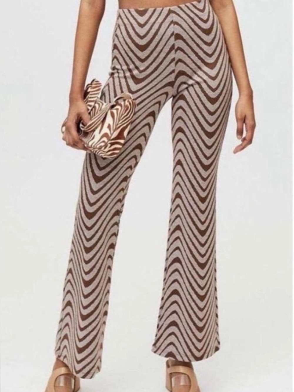 Urban Outfitters Brown and Cream Wide-Leg Chevron Knit Pants